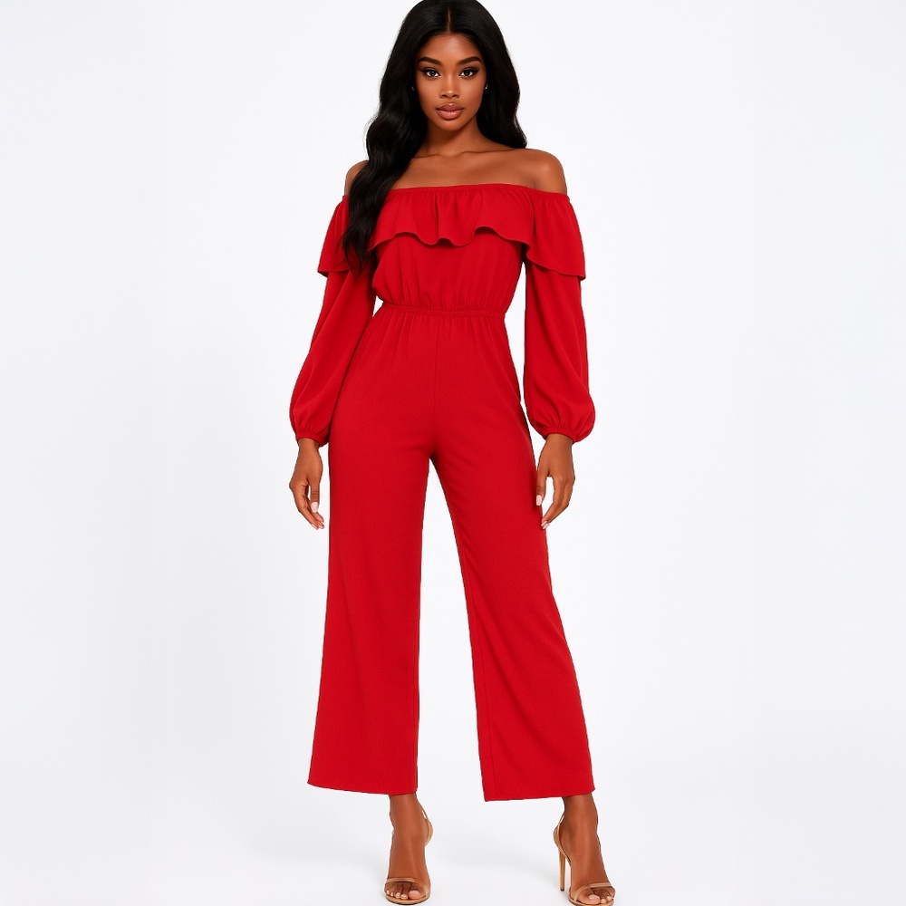 Tyche Red Off-Shoulder Ruffle Wide-Leg Jumpsuit